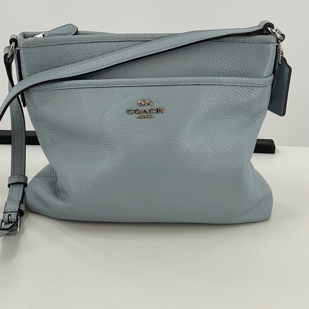 Coach Pebbled Leather Crossbody Bag Light Blue Silver Logo Zip Top F28035